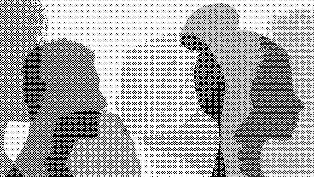 Silhouettes of diverse faces in various colors overlapping on a light background.