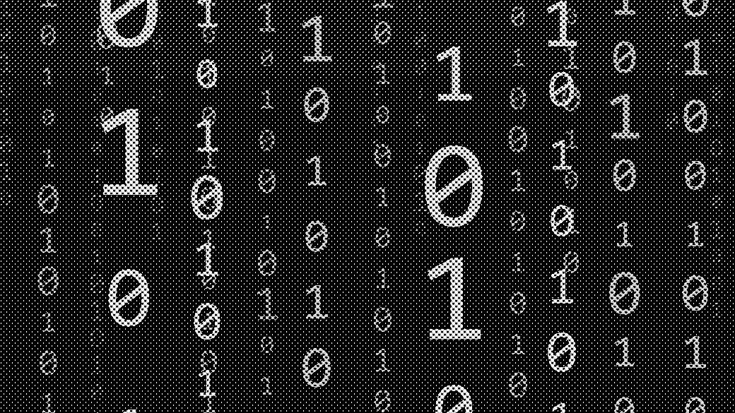 Binary code with blue 0s and 1s on a dark background.